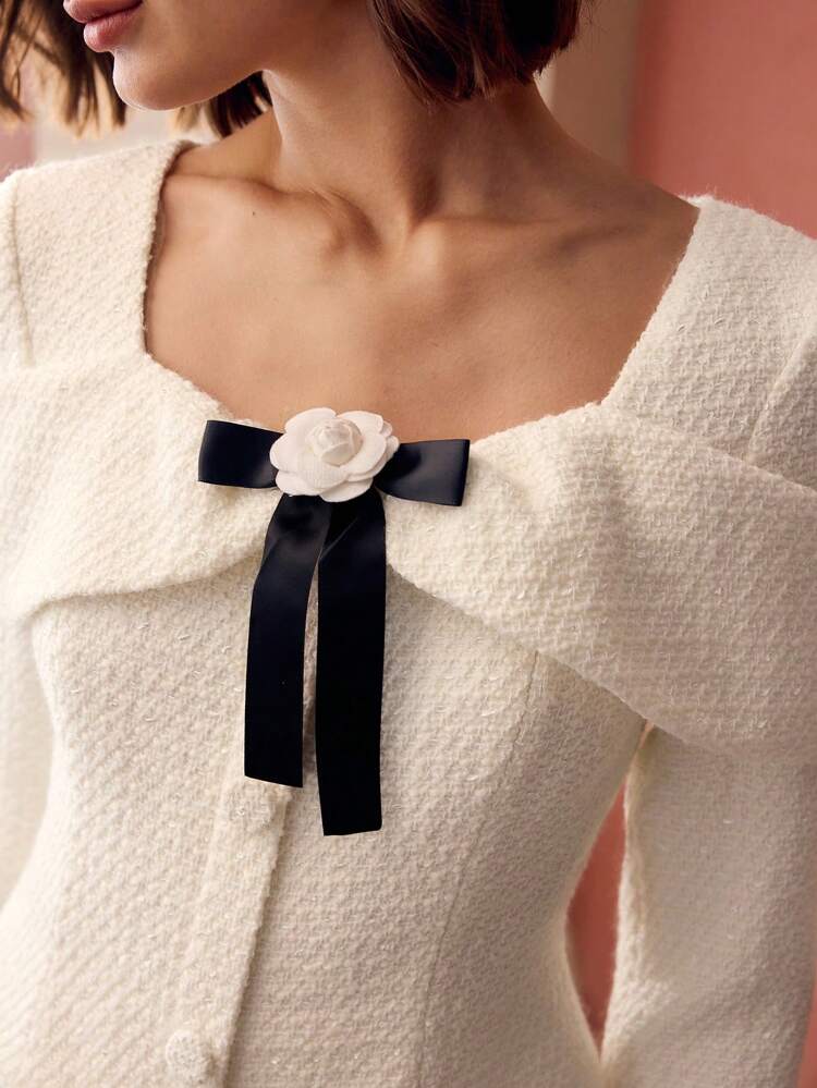 TWEED SWEETHEART NECK CONTRAST STEREO FLOWER BOW FRONT MERMAID HEM MIDI DRESS