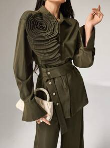 Heiryn 2pcs Women Solid Color 3D Floral Decor Long Sleeve Button Front Shirt & Pants Set 2 Pieces Set - Army Green - View 5