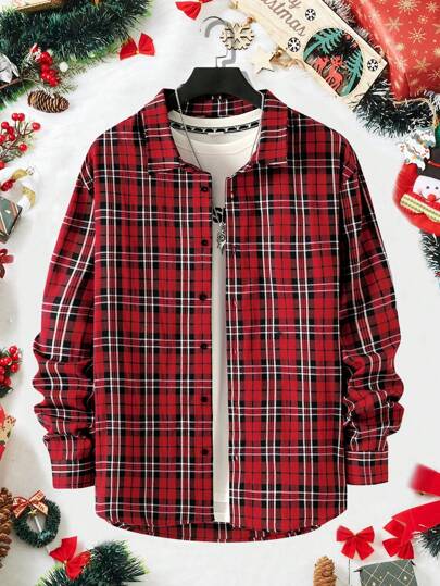 Manfinity Homme Camisa xadrez casual masculina plus size com botões e manga comprida, para outono e Natal, para sair