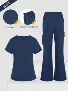 TaskEZ Women's V-Neck Short Sleeve Scrub Set,Navy Blue Rennaissance Work Uniform With Multi-Pockets,Elastic Waistband Straight Pants,2 Pieces Surgical Set - Navy Blue - View 2