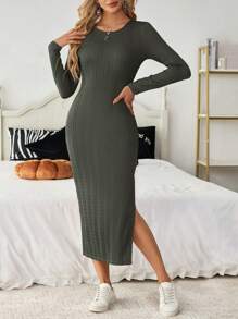 SHEIN Essnce Vestido de Body ajustado de manga larga y cuello redondo de otoño/invierno casual con abertura lateral para mujer, vestido midi de otoño para Halloween