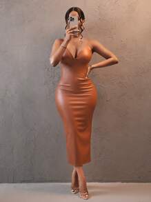 Slaydiva 1 件女式纯色 PU 紧身中长款细肩带深 V 领连衣裙，适合日常和派对穿着，秋冬季 - 棕色 - 查看 4