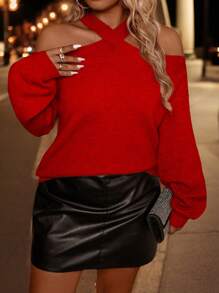 SHEIN Clasi Plus Size Women's Solid Color Knitted Criss-Cross Open Back Pullover Sweater, Elegant Sexy Warm Autumn/Winter Sweater  Fall Outfit