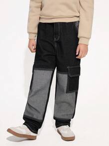 Pantalones vaqueros informales de trabajo holgados con bolsillos múltiples de color de contraste lavados para niños de moda - Negro - Ver 5