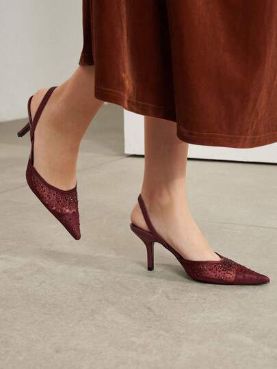 MOTF PREMIUM WOMEN'S FASHION RHINESTONE DECORATED POINTED TOE WINE RED BURGUNDY HIGH HEELS, FOR NEW YEAR HOLIDAY, SPRING SHOES, SPRING BREAK EASTER PROM HEELS FOR CHRISTMAS