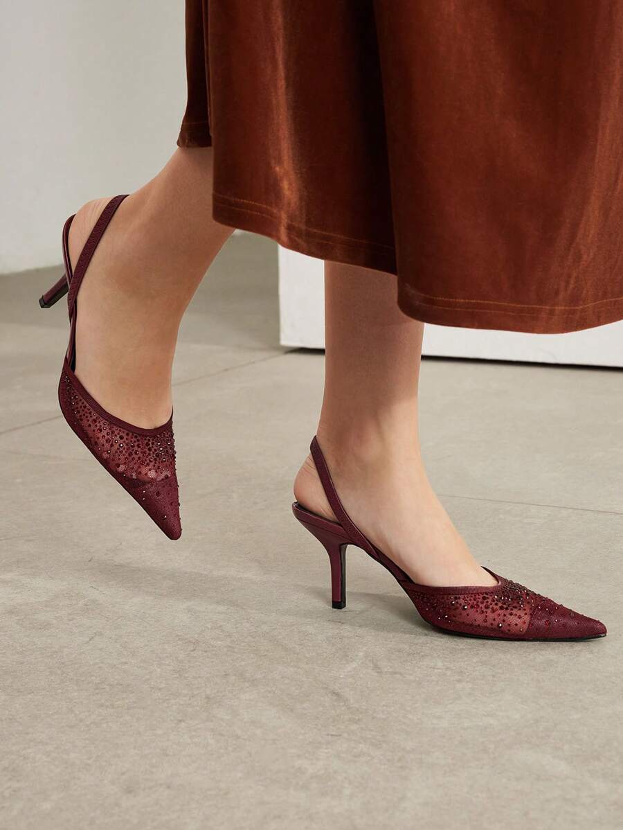 MOTF PREMIUM WOMEN'S FASHION RHINESTONE DECORATED POINTED TOE WINE RED BURGUNDY HIGH HEELS, FOR NEW YEAR HOLIDAY, SPRING SHOES, SPRING BREAK EASTER PROM HEELS FOR CHRISTMAS