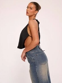 MUSERA Deep Plunge Cowl Halter Neck Tie Open Back Crop Halter Top Summer Ibiza Festival Spring Holiday Vacation Boho - Black - View 2