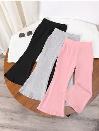 SHEIN Explorewe 3pcs Young Girl Set, Spring/Autumn Solid Color High Waist Flare Pants, Casual, School, Campus, College