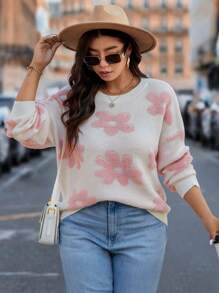 SHEIN LUNE Áo len chui đầu cổ tròn họa tiết hoa Jacquard màu trắng cỡ lớn dành cho nữ công sở thường ngày, trang phục ngày lễ, áo thun đồng quê, cho mùa đông - trắng - Xem 6
