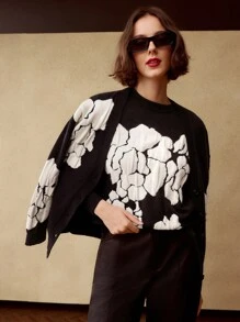 MOTF PREMIUM FLORAL PATTERN DROP SHOULDER OVERSIZE CARDIGAN - Black and White - View 9