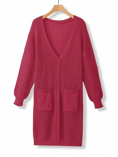 Calvaya Plus Size Women Solid Color Drop Shoulder Long Sleeve Pocket Casual Cardigan, Autumn/Winter