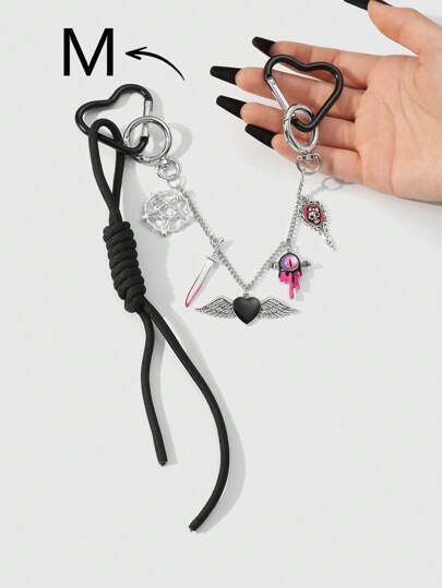 Goth 1pc Y2K Edgy Gothic Style Silver Chain Drop Oil Winged Heart Thorn Hollow Star Skull Mirror Cross Devil's Eye Black/Red Adjustable Lanyard Keychain Bag Charm, Suitable For Women, Girls Daily Wear & Holiday Gift, Halloween