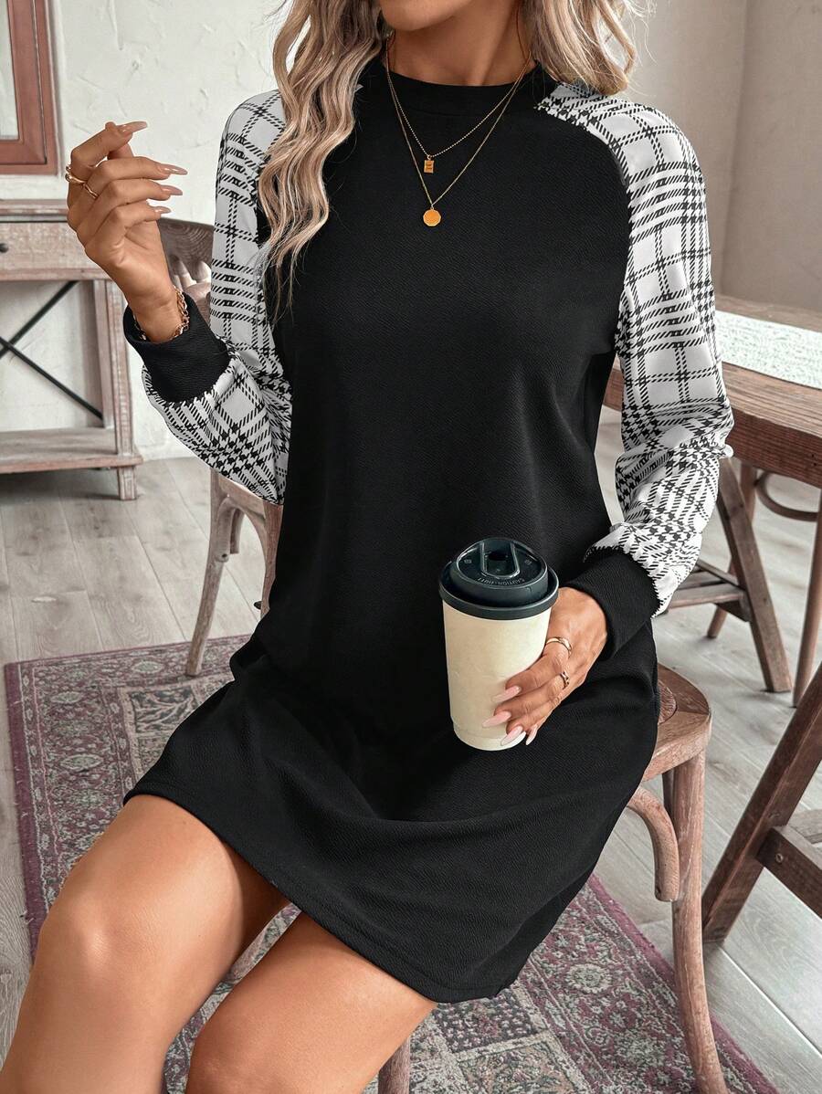 EMERY ROSE Women's Solid Color Patchwork Stand Collar Long Sleeve Short Casual Dress