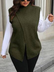 Plus Size Women Solid Color Round Neck Split Hem Sweater Vest, Autumn/Winter Fall - Army Green - View 5