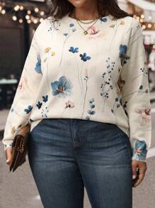 SHEIN LUNE Plus Size Floral Print Round Neck Casual Pullover Sweater, For Winter