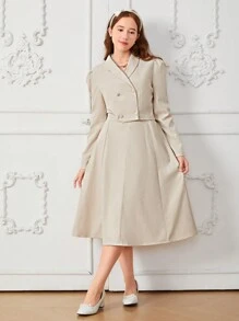 2pcs/Set Teen Girls Elegant Notched Collar Double-Breasted Short Blazer Jacket And Long Skirt Suit - Khaki - View 3