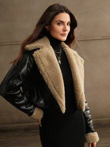 SHEIN x Carly Lawrence Anewsta 1pc Fashionable Premium Modern Detachable Faux Shearling Black Coat For Autumn/Winter - Black - View 2