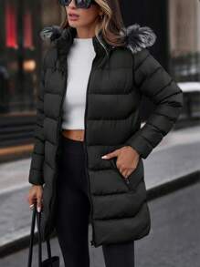SHEIN Cottnline Faux Fur Hoodie Zip Up Pocket Detailed Warm Feel Long Winter Coat - Black - View 8