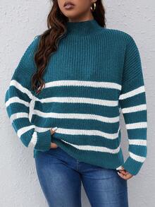 SHEIN Franclia Áo len chui đầu kẻ sọc cổ lọ rộng rãi thời trang thu đông cho nữ cỡ lớn - Màu xanh lam - Xem 4