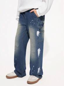Jeans de pierna recta y acampanada, de estilo suelto y versátil, en estilo casual "Y2K" para niños preadolescentes, apropiados para uso diario y ropa de calle al aire libre - Azul lavado oscuro - Ver 5