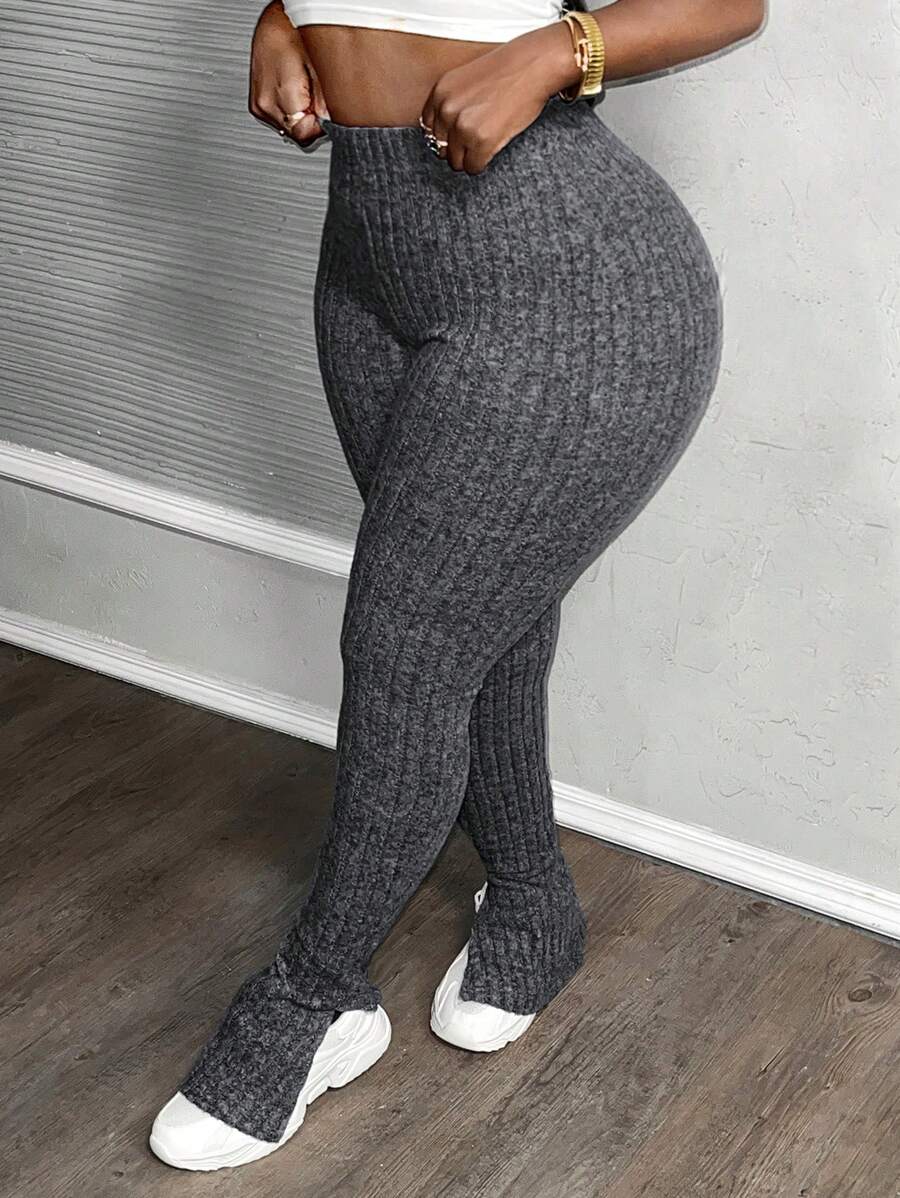 Slaydiva Casual Home Elastic Waist Ribbed Fluffy Ankles Slit Flared Pants, Navy Blue - Dark Grey - View 1