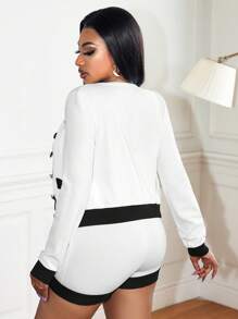 BamGleam 女士休闲奢华优雅两件套，黑白撞色夹克和短裤，带装饰纽扣 - 黑與白 - 查看 2