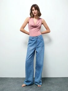 Maija Women's Elegant Solid Color Off-Shoulder Casual Sleeveless Bodysuit, Pink, Autumn/Winter - Pink - View 5