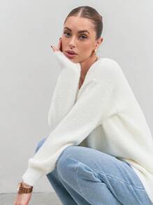 CLARA VERO Women Solid Color Hairy Yarn Rhinestone Detailed Front Button Cardigan - White - View 5