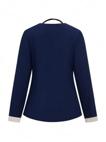 TaskEZ Women's Minimalist Contrast Trim Double Pocket Long Sleeve Blouse And Pants Career Scrub Uniform Suit