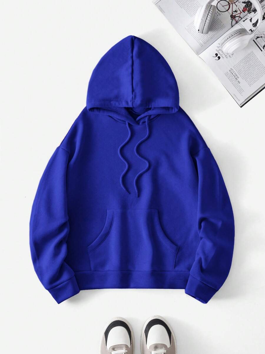 EURMUSE Cotton Kangaroo Pocket Drop Shoulder Drawstring Hoodie - Blue - View 1