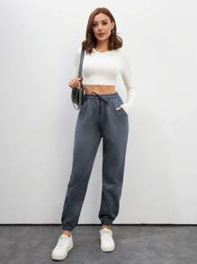 Cottnline Cotton Tall Ladies' Drawstring Waist Solid Color Jogging Pants - Dark Grey - View 3