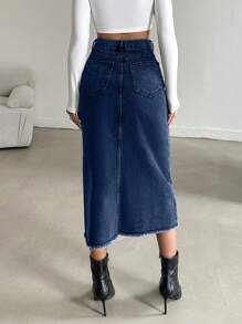 RueChic 女式休闲流苏边开衩牛仔裙，秋季 - 深色水洗藍 - 查看 2