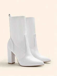 CUCCOO BASICS Damen modische weiße Stoff-Stretch-Spitze-Chunky-Heel Stiefel bis zur Mitte des Schienbeins, geeignet für Pendeln, Dates, Partys, Urlaub zu Weihnachten und Neujahr, Herbst- und Winterstimmung, Valentinstag