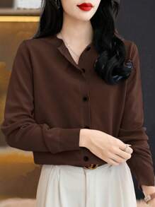 EMERY ROSE Women Simple Casual Elegant Solid Color Front Button Cardigan, Autumn/Winter Fall Cloth For Women - Coffee Brown - View 4