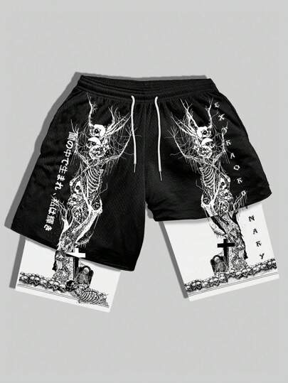 Goth Pantaloncini sportivi da uomo con stampa gotica di scheletro, design a 2 in 1, adatti per uso quotidiano, primavera ed estate, scuola, Ognissanti