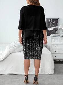 SHEIN Clasi Bộ 2 món trang phục giản dị, tối giản, in họa tiết cỡ lớn, thanh lịch, thích hợp cho mùa thu đông - màu đen - Xem 2