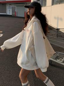 DAZY 女士宽松休闲刺绣蝴蝶结连帽抓绒卫衣，长袖上衣，秋季服装，冬季连帽衫 - 白色 - 查看 2