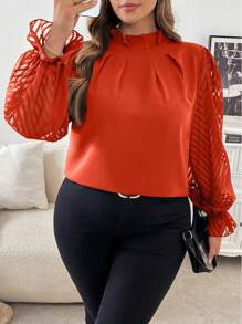 SHEIN Frenchy Plus Size Casual Cutout Sleeve Splice Mock Neck - Orange - View 6