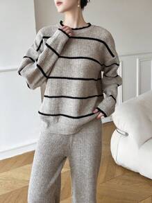 Mulvari Ensemble femme 2 pièces: Top à manches longues col rond imprimé rayures et pantalon couleur unie, ensemble tricoté 2 pièces