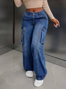 SHEIN SXY Women's Utility Pocket Wide Leg Relaxed Casual Denim Jeans