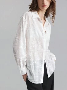 Ontre 女式白色刺绣设计休闲纯色轻便秋季衬衫 - 白色 - 查看 1