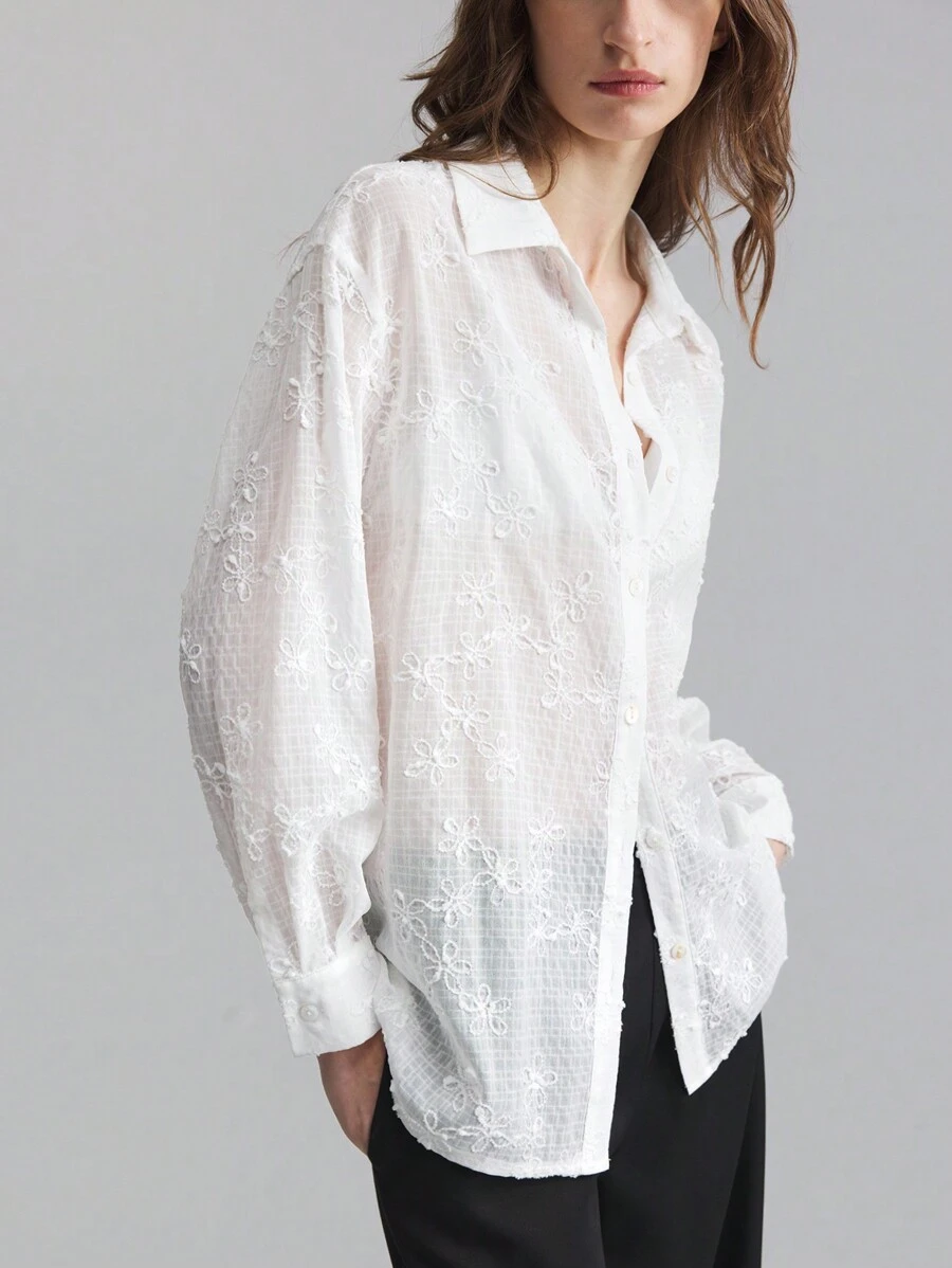 Ontre 女式白色刺绣设计休闲纯色轻便秋季衬衫 - 白色 - 查看 1