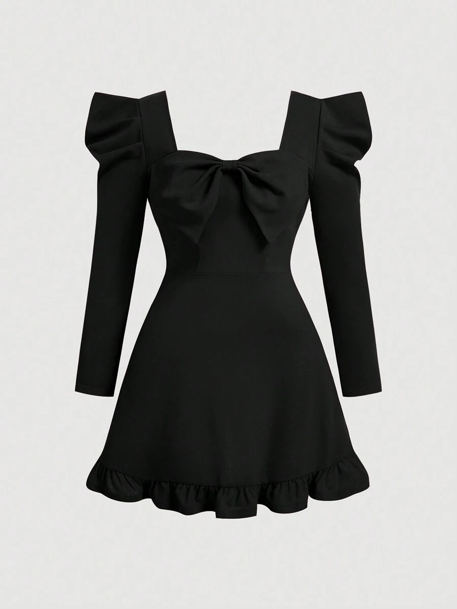 SHEIN MOD 大码喇叭袖红色蝴蝶结圣诞连衣裙 - 黑色 - 查看 1