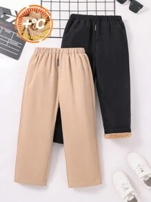 2pcs Kids Tween BoyWinter And Fall Basic Versatile Brown And Fleece Black Pants Suitable For Christmas Parties And Daily Outdoor Wear - Multicolor - View 8