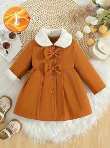 SHEIN Vintaside Kids 女婴毛领蝴蝶结装饰风衣，秋冬款 - 棕色 - 查看 8