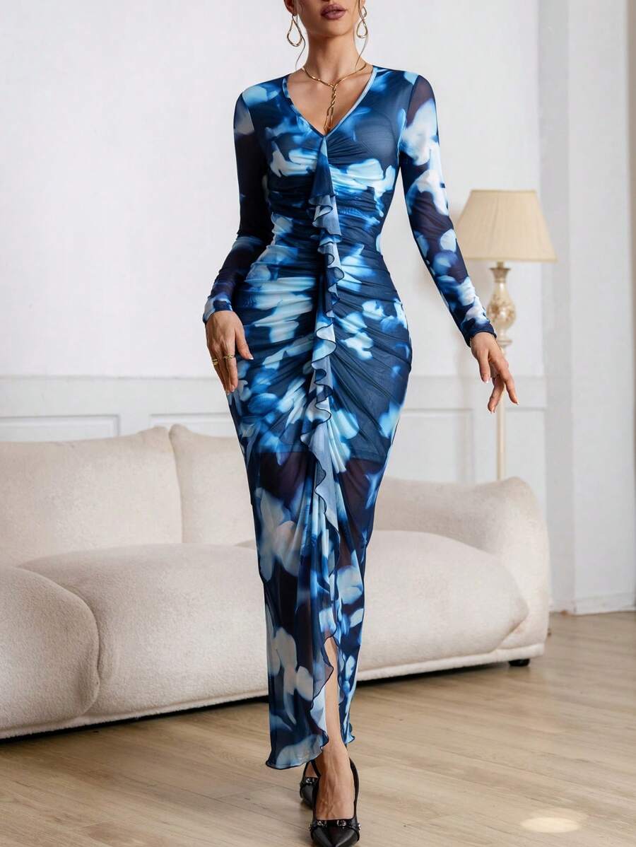 SHEIN Privé Vestido largo de mujer con estampado floral y volantes en el bajo - Azul - Ver 1