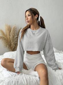 SHEIN EZwear 女士秋季休闲纯色落肩短款连帽衫、长袖上衣 - 灰色 - 查看 5