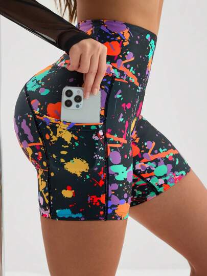 Splash Ink Print Sports Biker Shorts With Phone Pocket