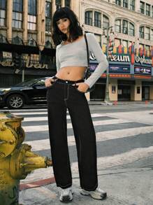 SHEIN EZwear 女士休闲梭织直筒裤，黑色 - 黑色 - 查看 4