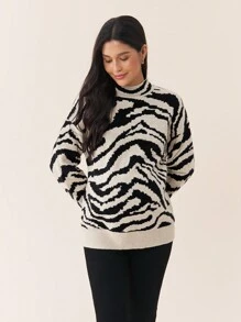 SHEIN 孕妇豹纹长袖针织毛衣秋冬季保暖针织毛衣 - 杏色 - 查看 4